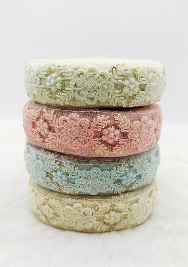 Soft Net Lace Trim Floral Embroidery and Sequins, Floral Sari Border, Decorative Trim